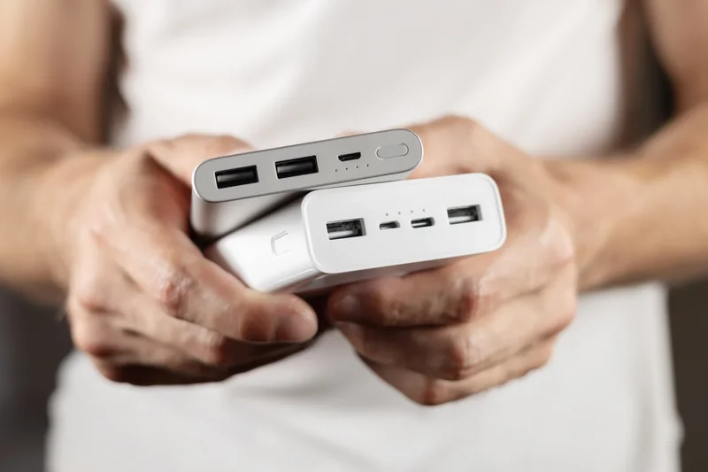 Drie powerbanks met verschillende aansluitingen in twee handen.